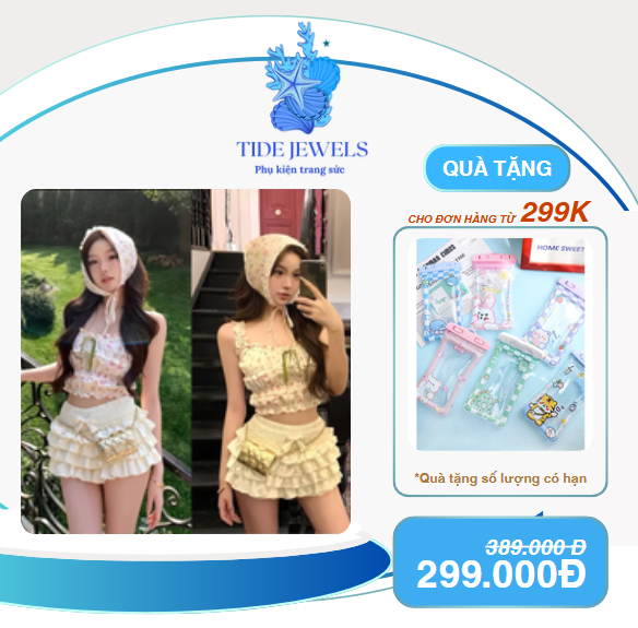 Set Đồ Nữ Đi Biển, Set Áo Croptop Hoa Phối Chân Váy Ngắn Xoè Tầng (Kèm Khăn Trùm Đầu) Tiểu Thư, Nữ Tính Cho Nàng Du Lịch