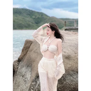 Set đồ bơi bikini nữ 3 món sang chảnh áo bikini 2 dây kèm áo khoác ngoài phối quần ren xinh đẹp đi chơi đi biển